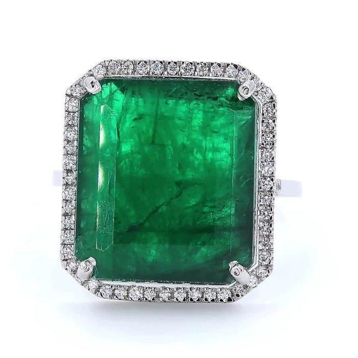 Ring Platina - 9.85ct. tw. Smaragd - Diamant, Handtassen en Accessoires, Ringen