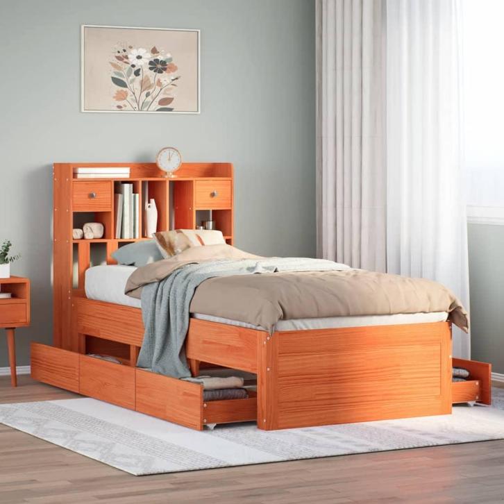 vidaXL Bed met boekenkast zonder matras grenenhout wasbruin, Maison & Meubles, Chambre à coucher | Lits, Envoi