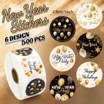 Sluitstickers etiketten happy new year goud & zwart rond, Nieuw