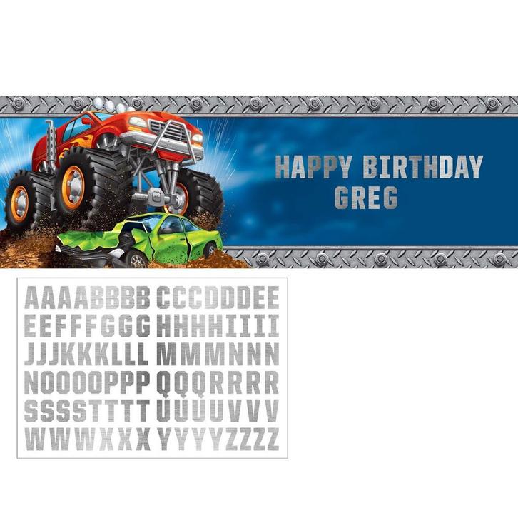 Monster Truck Banner Personaliseerbaar 1,5m, Hobby en Vrije tijd, Feestartikelen, Nieuw, Verzenden
