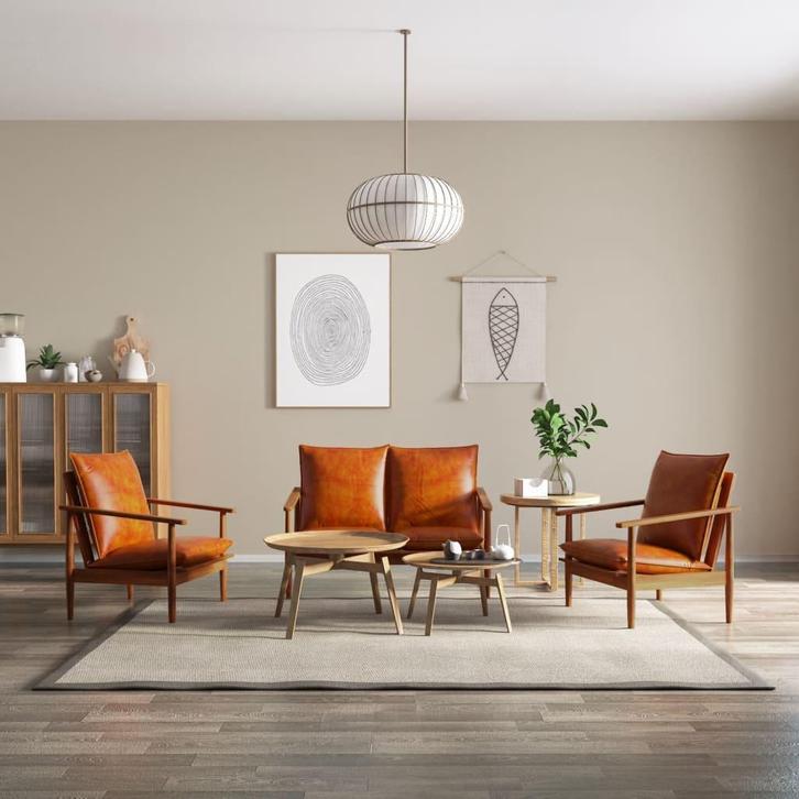 vidaXL 3-delig Bankstel echt leer met massief acaciahout, Huis en Inrichting, Zetels | Zetels, Nieuw, Verzenden