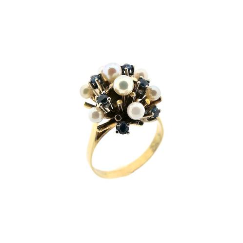 Gouden cocktailring met parels en saffier (gouden sieraden), Handtassen en Accessoires, Ringen, Dame, Met edelsteen, Overige kleuren