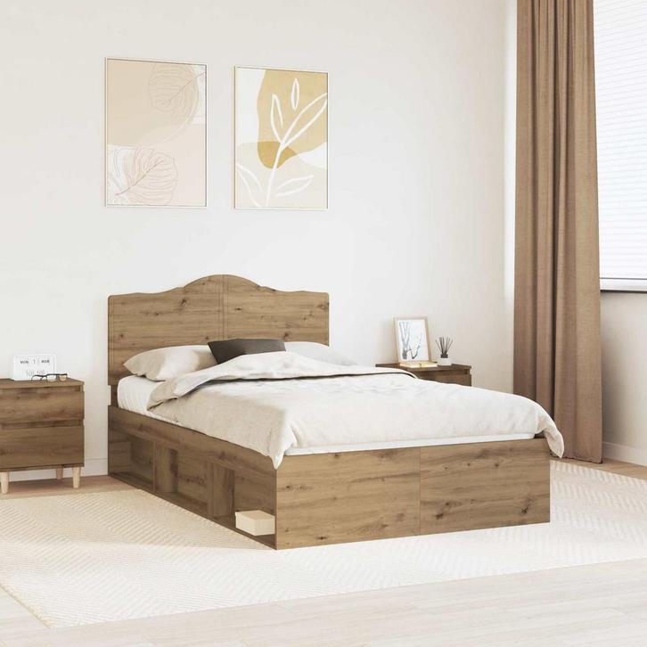 vidaXL Bedframe Ambachtelijk Eiken 135 x 190 cm Massief, Huis en Inrichting, Slaapkamer | Bedden, Nieuw, Verzenden