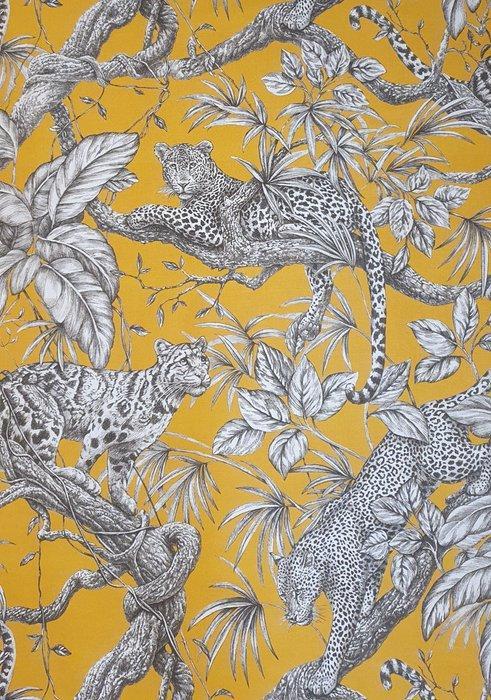 Raro tessuto Orientale con leopardi- 600x140cm- giallo -, Antiquités & Art, Curiosités & Brocante
