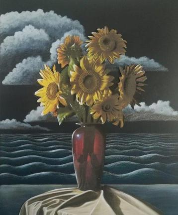 Mario Castellese - Vaso con girasoli davanti al mare
