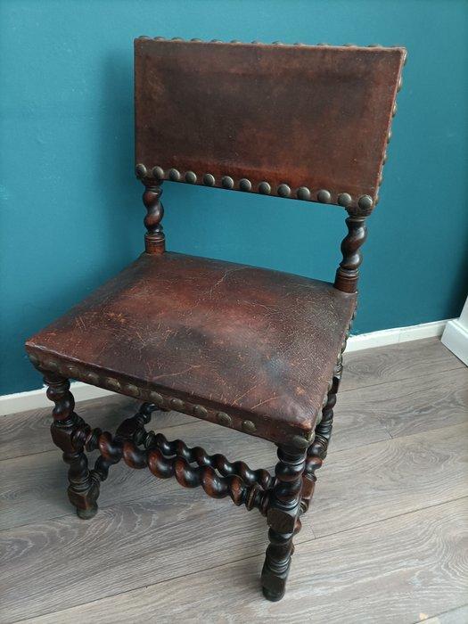 Bijzetstoel - Eik, Leder, Antiquités & Art, Antiquités | Autres Antiquités