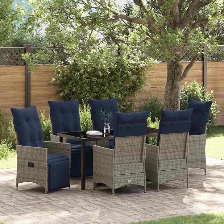 vidaXL Tafel en stoelen set met kussen 7 pcs Grijs PE Riet, Tuin en Terras, Tuinsets en Loungesets, Nieuw, Verzenden