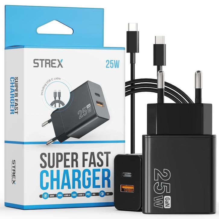 Strex USB Oplader 25W - Snellader met USB-A & USB-C - GaN -, Telecommunicatie, Mobiele telefoons | Telefoon-opladers, Verzenden