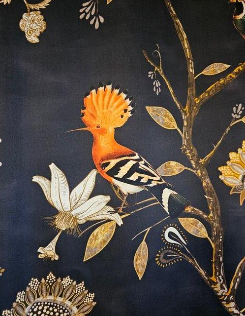 Katoenen satineffect met Upupa en bloemen, 100% katoen -, Antiek en Kunst, Antiek | Tapijten, Tafelkleden en Textiel