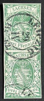 Saksen 1851 - verticaal paar 3 Pf groen uit Leipzig - Michel, Timbres & Monnaies, Timbres | Europe | Allemagne