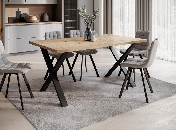 Meubella | Eettafel zwarte poten eiken 160 cm industrieel, Huis en Inrichting, Tafels | Eettafels, Nieuw, 50 tot 100 cm, Verzenden