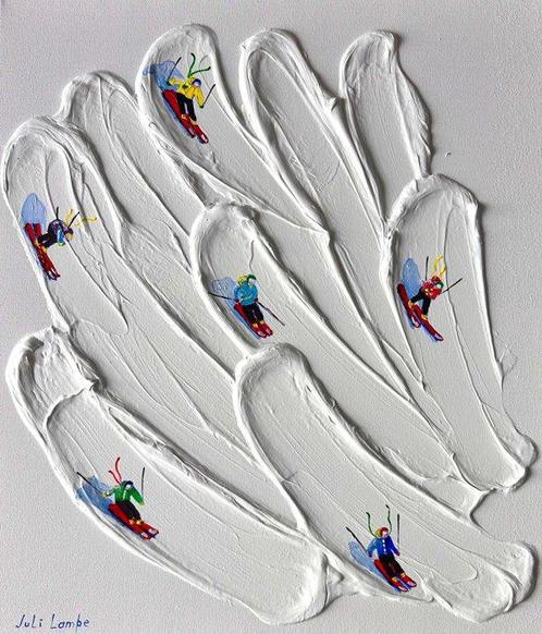 Juli Lampe (1980) - Ski Lovers in steep races on snowy, Antiquités & Art, Art | Peinture | Moderne