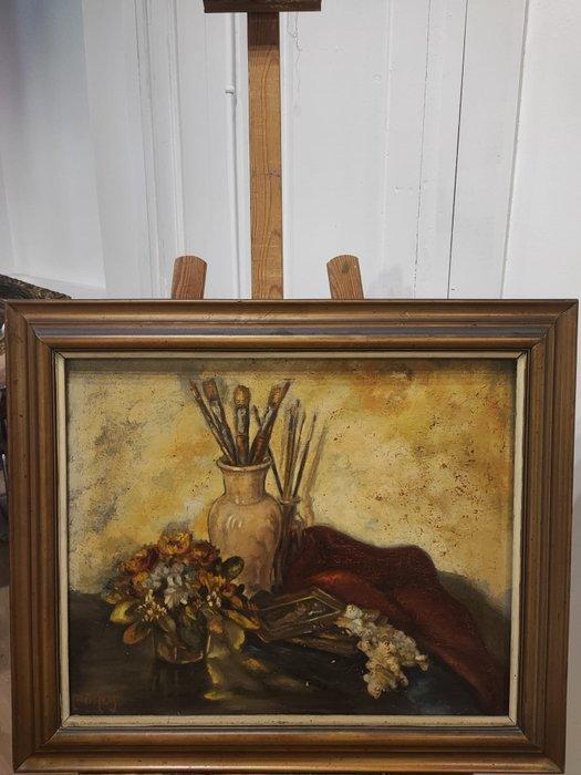 Escuela Impresionista (XX) - NO RESERVE - Bodegón de pintor, Antiek en Kunst, Kunst | Schilderijen | Klassiek