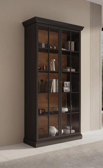 Meubella | Vitrinekast zwart eiken glazen opbergkast 102cm, Huis en Inrichting, Kasten | Vitrinekasten, 100 tot 150 cm, Verzenden