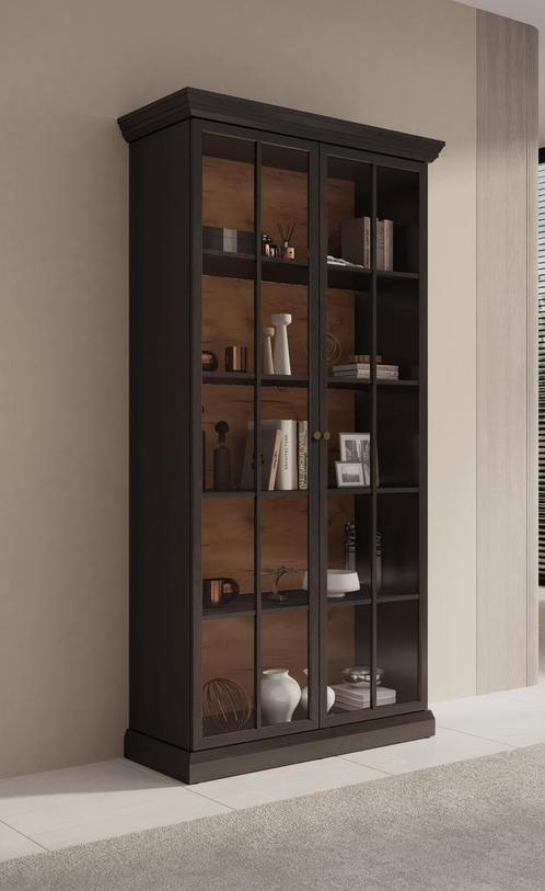 Meubella | Vitrinekast zwart eiken glazen opbergkast 102cm, Huis en Inrichting, Kasten | Vitrinekasten, 25 tot 50 cm, Nieuw, 100 tot 150 cm