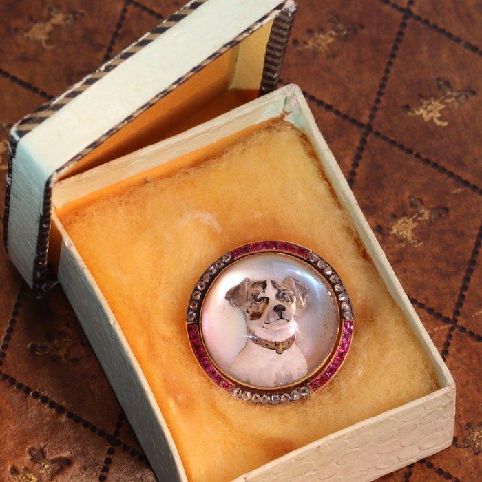 Broche - 18 karaat Geel goud, Witgoud - Diamant - English, Handtassen en Accessoires, Antieke sieraden