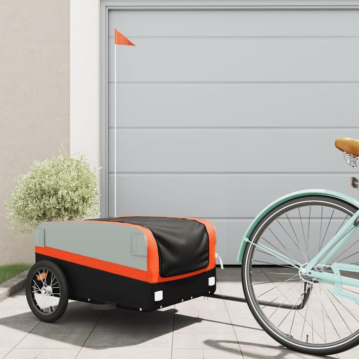 vidaXL Fietstrailer 45 kg ijzer zwart en oranje, Fietsen en Brommers, Fietsaccessoires | Aanhangwagens en Karren, Nieuw, Verzenden