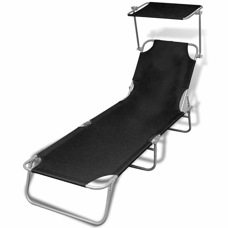 vidaXL Ligbed inklapbaar met luifel staal en stof zwart, Jardin & Terrasse, Chaises longues, Envoi