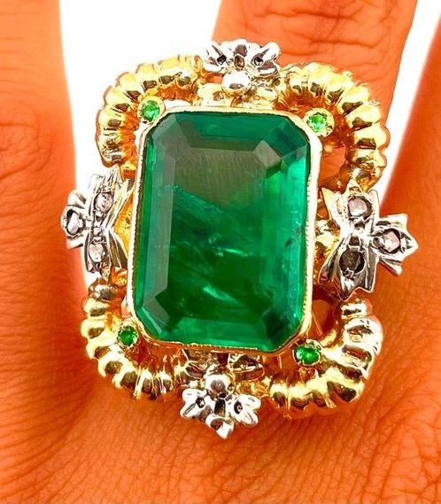 Zonder Minimumprijs - Ring - 9 kt. Geel goud, Zilver Smaragd, Handtassen en Accessoires, Ringen