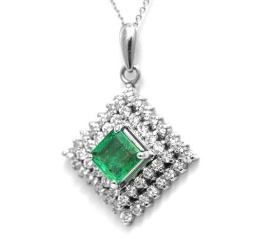 Collier avec pendentif Platine -  1.76ct. tw. Émeraude -, Handtassen en Accessoires, Antieke sieraden