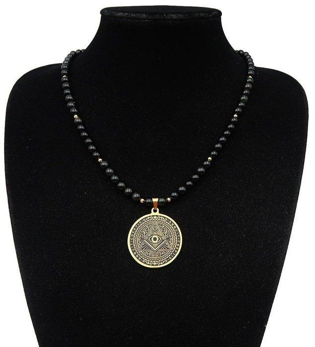 Zwarte obsidiaan ketting voor vrijmetselaars: Goddelijk oog, Antiek en Kunst, Antiek | Boeken en Manuscripten