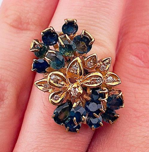 Bague - 18 carats Or jaune Saphir - Diamant, Handtassen en Accessoires, Ringen