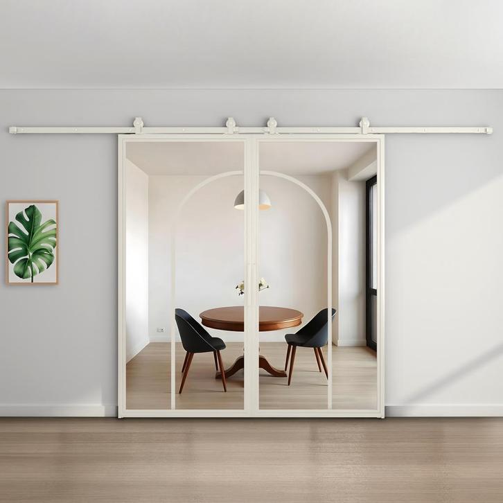 Dubbele stalen schuifdeur - Wit - 2 Vlaks rond - Helder glas, Bricolage & Construction, Châssis & Portes coulissantes
