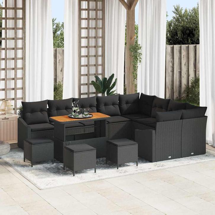 vidaXL Tuinbank Set met kussen 13 pcs Zwart poly rattan, Tuin en Terras, Tuinsets en Loungesets, Nieuw, Verzenden