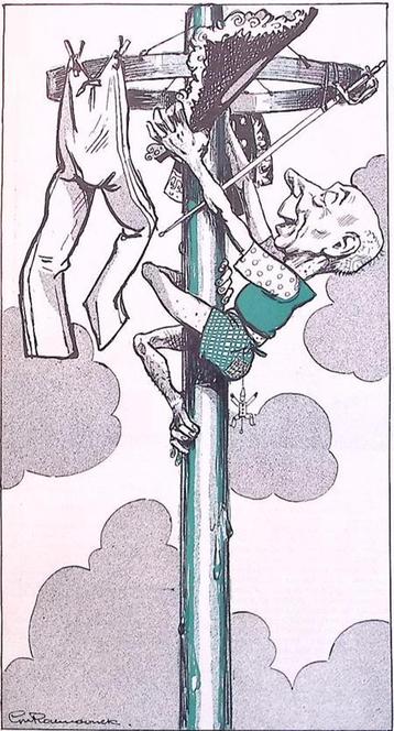 Spotprent met man aan de mast (lijst optie, Lithos) beschikbaar voor biedingen