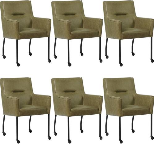 Set van 6 Olijfgroene leren moderne eetkamerstoelen -, Huis en Inrichting, Stoelen, Overige kleuren, Vijf, Zes of meer stoelen