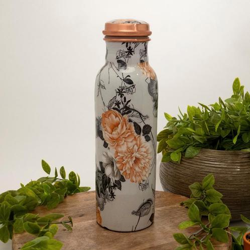 Puur koperen waterfles bloemenprint wit ± 750 ml (zware, Sport en Fitness, Gezondheidsproducten en Wellness, Ophalen of Verzenden