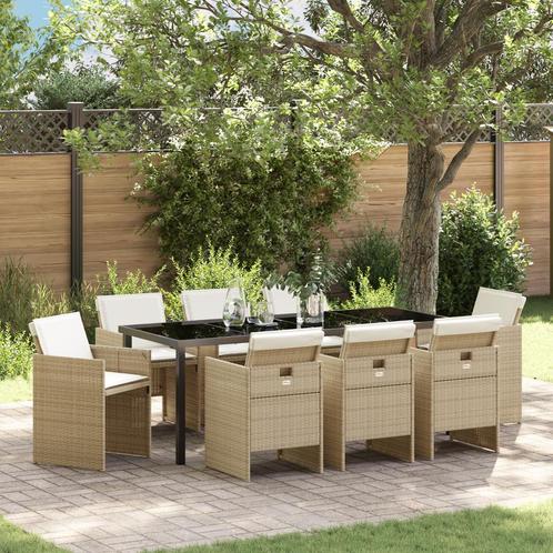 vidaXL 9-delige Tuin Eettafelset met Kussens in Beige Poly, Tuin en Terras, Tuinstoelen, Nieuw, Verzenden