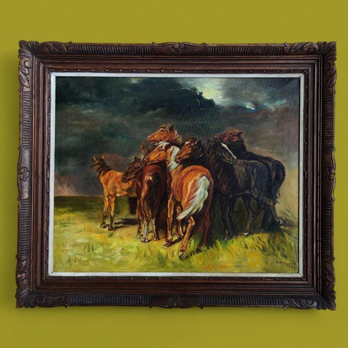 A. Guzman (XX) - Caballos bajo la tormenta, Antiek en Kunst, Kunst | Schilderijen | Klassiek