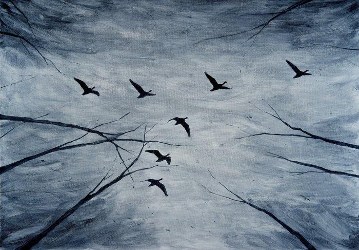 Matthieu van Riel - Flying Birds, Antiek en Kunst, Kunst | Schilderijen | Modern