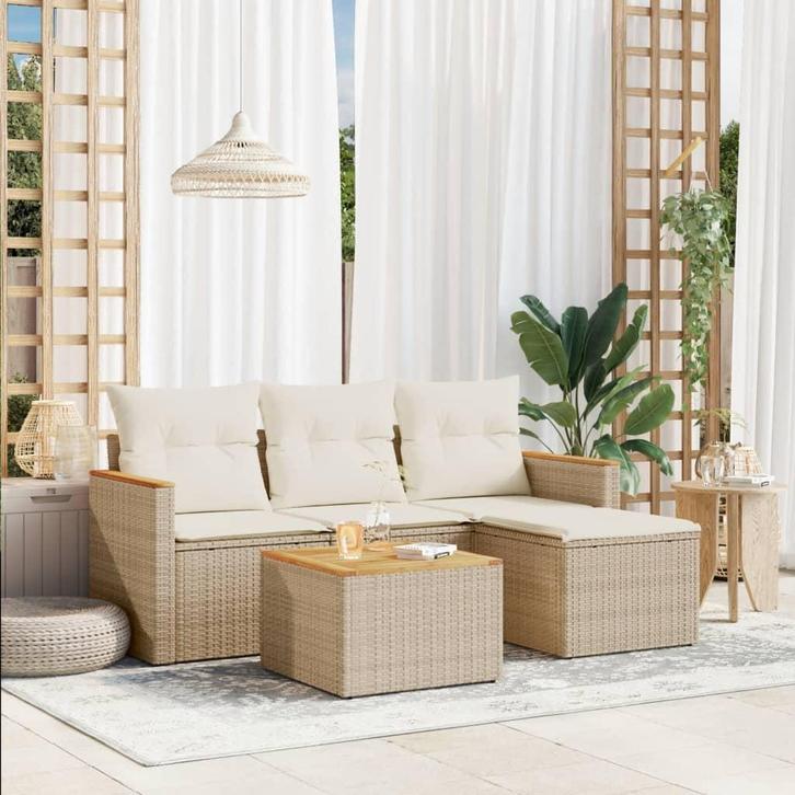 vidaXL 5-delige Loungeset met kussens poly rattan beige, Tuin en Terras, Tuinsets en Loungesets, Loungeset, Nieuw, Verzenden