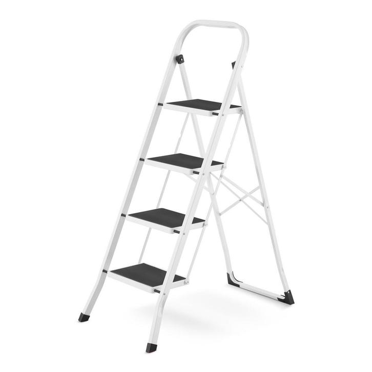 Huishoudtrap 4 treden - stalen ladder - opvouwbaar - wit..., Doe-het-zelf en Bouw, Ladders en Trappen, Nieuw, Ophalen of Verzenden