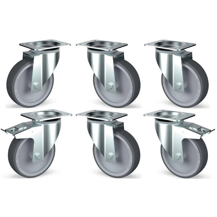 Set 6 zwenkwielen R.V.S., 2 met rem, Articles professionnels, Horeca | Équipement de cuisine, Envoi