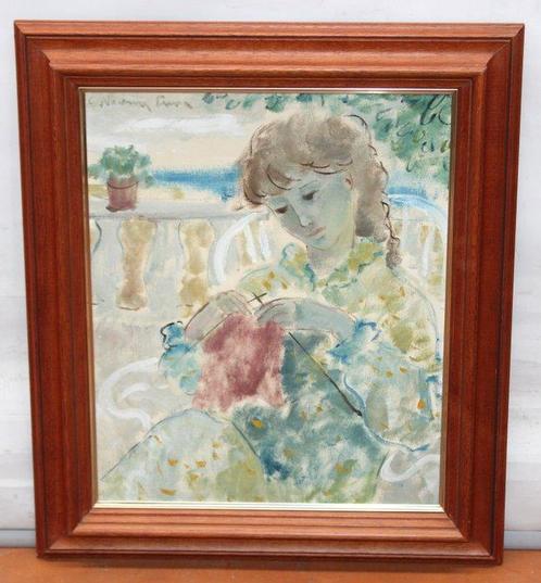 Carmen Navarra Pruna (1933) - Mujer tejiendo en la terraza, Antiek en Kunst, Kunst | Schilderijen | Klassiek