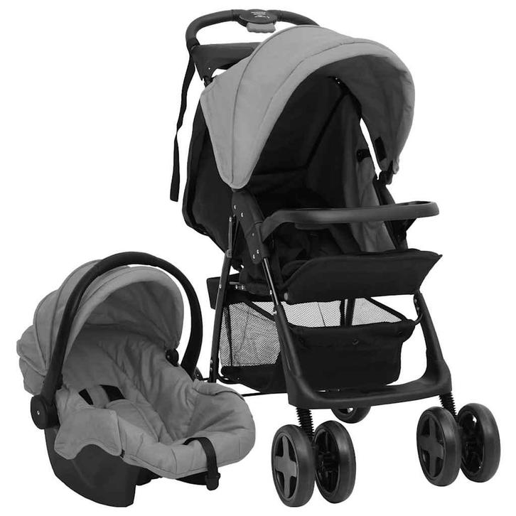 vidaXL Kinderwagen 3-in-1 staal lichtgrijs en zwart, Kinderen en Baby's, Kinderwagens en Combinaties, Nieuw, Verzenden