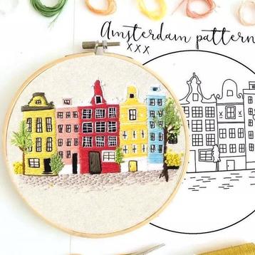 Amsterdamse Grachten Borduurset met Borduurring Vrij Bordure, Verzenden