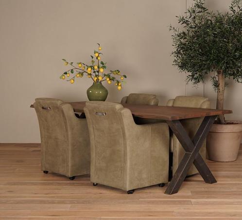 Set van 4 Olijfgroene leren landelijke eetkamerfauteuils -, Huis en Inrichting, Stoelen, Overige kleuren, Vier, Nieuw, Leer, Ophalen of Verzenden
