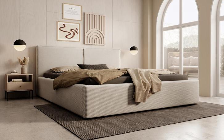 Meubella | Tweepersoonsbed 160x200 beige ribstof, Huis en Inrichting, Slaapkamer | Bedden, Nieuw, 160 cm, Verzenden