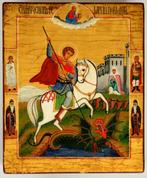Icoon - Russisch-Orthodox icoon H. George, hout, tempera,, Antiek en Kunst