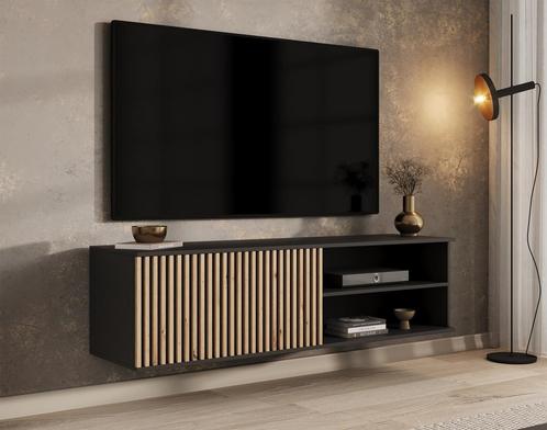 Meubella | TV-Meubel hangend zwart 150 cm | eiken latjes, Huis en Inrichting, Kasten |Televisiemeubels, 25 tot 50 cm, Nieuw, 150 tot 200 cm