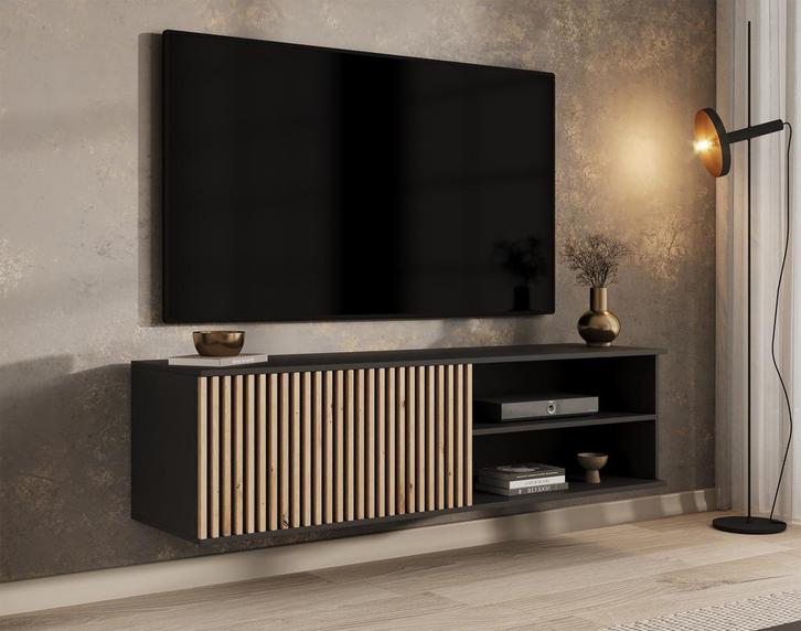 Meubella | TV-Meubel hangend zwart 150 cm | eiken latjes, Huis en Inrichting, Kasten |Televisiemeubels, 25 tot 50 cm, Nieuw, 150 tot 200 cm