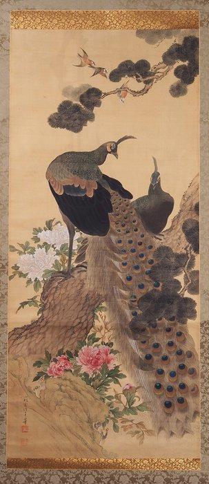 Large and very fine painting Two peacocks and peonies,, Antiek en Kunst, Antiek | Overige Antiek