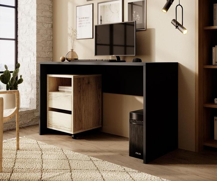 Meubella | Bureau zwart eiken 130 cm - Met ladeblok, Huis en Inrichting, Bureaus, Nieuw, Verzenden