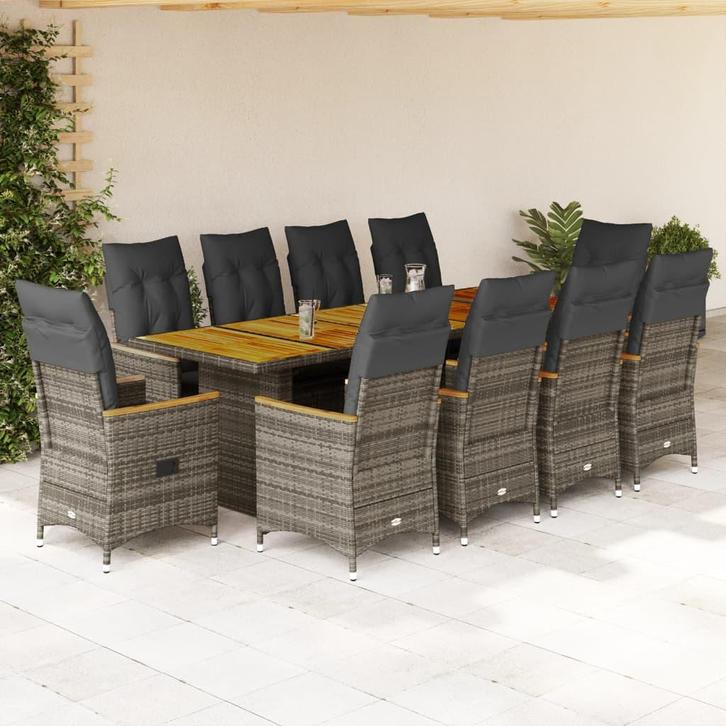 vidaXL 11-delige Bistroset met kussens poly rattan grijs, Jardin & Terrasse, Ensembles de jardin, Envoi