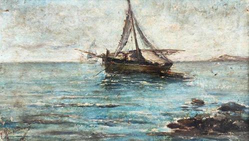 Escuela valenciana (XIX) - Barcos en el mediterraneo, Antiek en Kunst, Kunst | Schilderijen | Klassiek