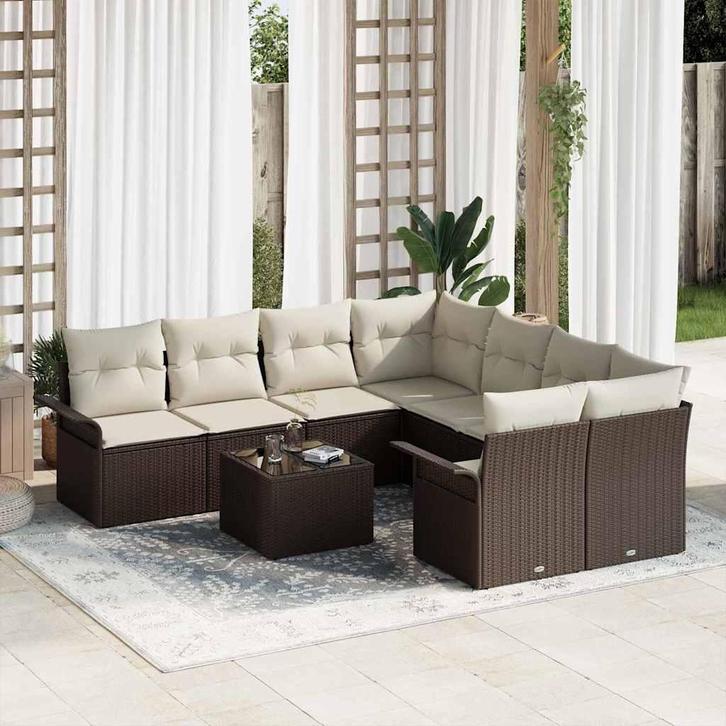 vidaXL Tuinbank Set 9 pcs Bruin Poly rattan, Tuin en Terras, Tuinsets en Loungesets, Nieuw, Verzenden